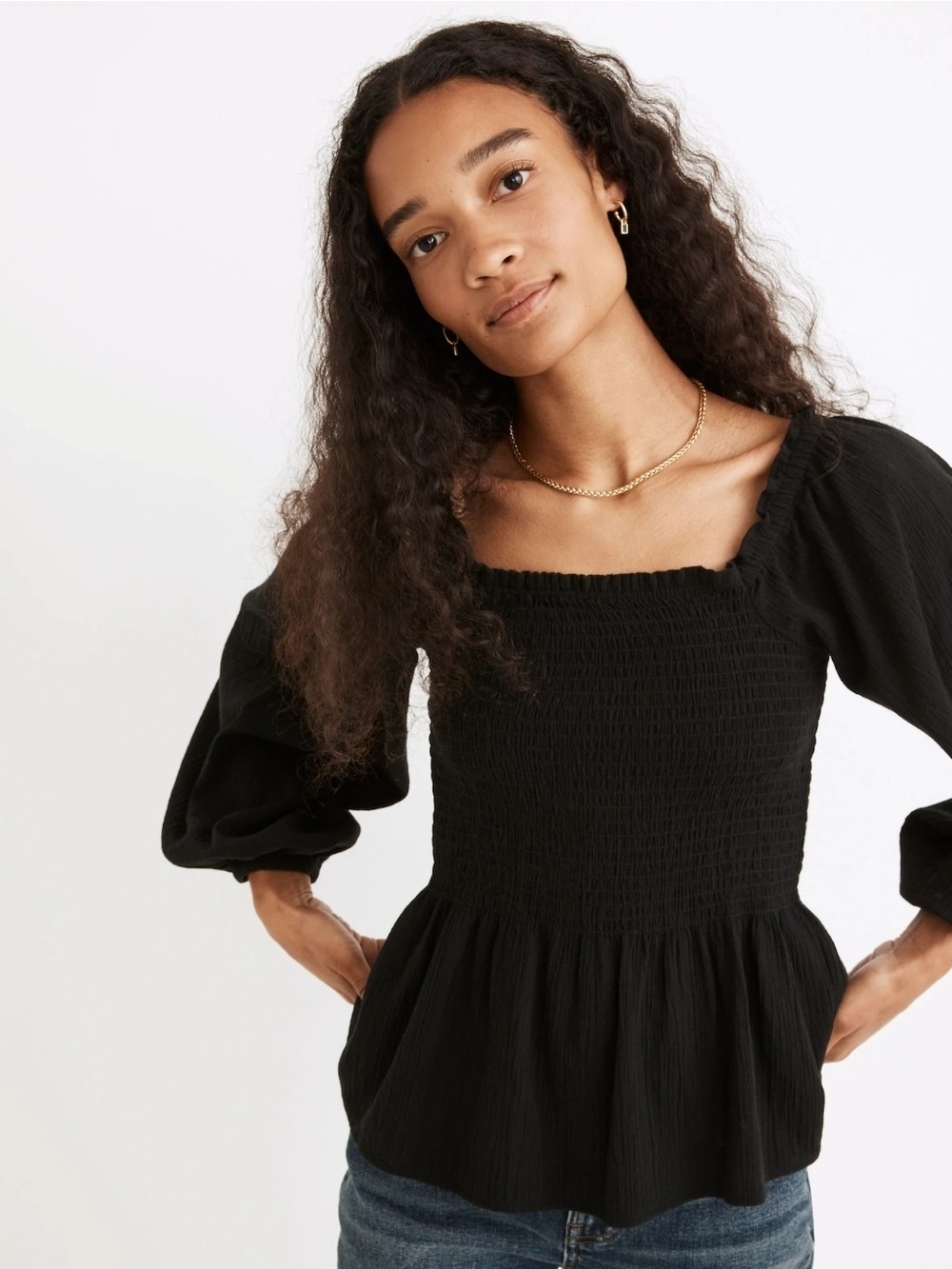Madewell Black Smocked Peplum Long-Sleeve Top